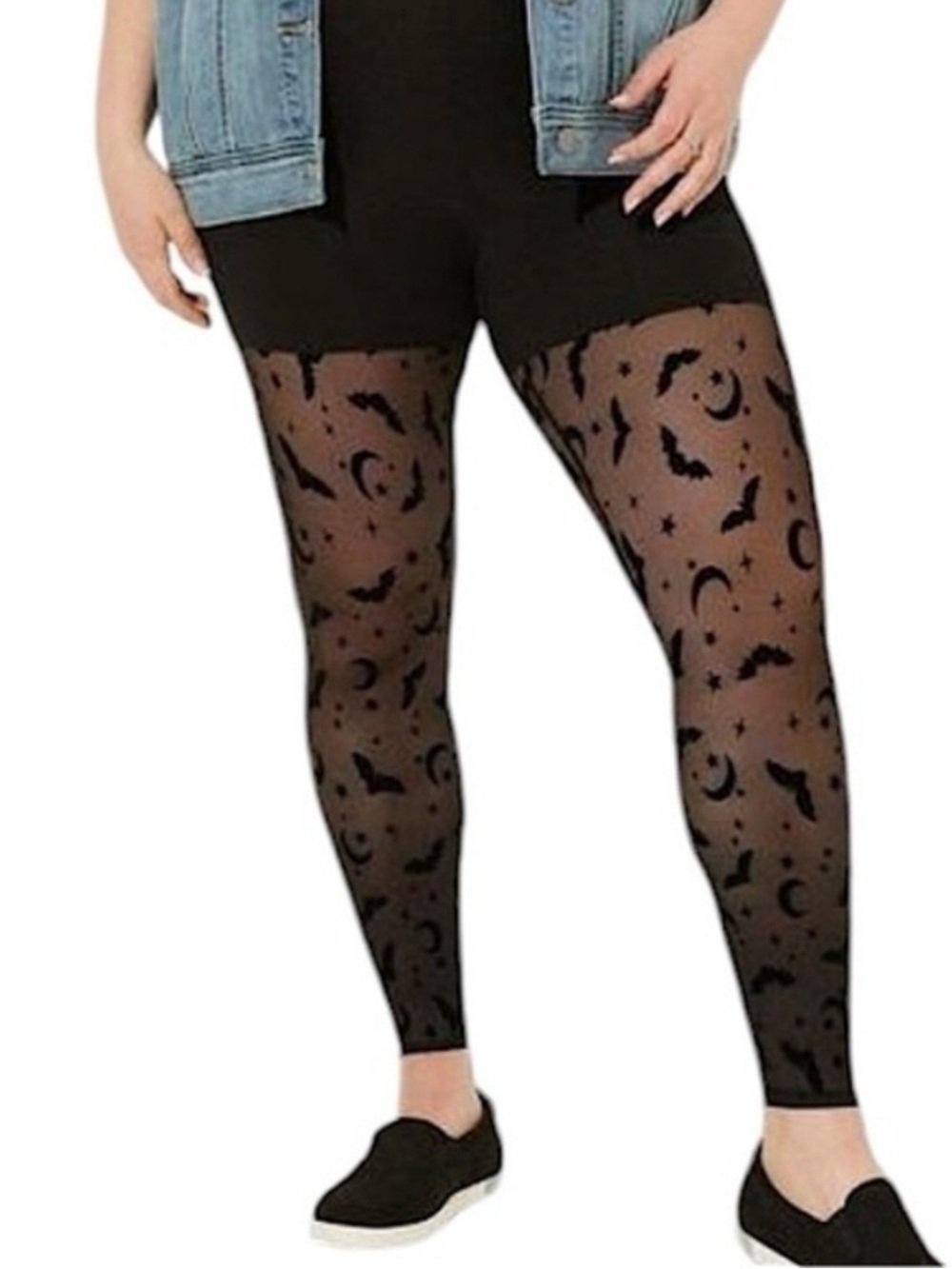TORRID BLACK BAT, STARS & MOON MESH LEGGINGS — SIZE 3, GOTHIC SHEER OVERLAY